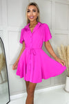 Hot Pink Short Sleeve Belted Skater Dress