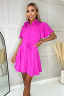 Hot Pink Short Sleeve Belted Skater Dress