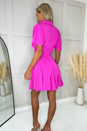 Hot Pink Short Sleeve Belted Skater Dress