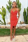 Coral Strappy Gold Buckle Wrap Asymmetric Hem Dress