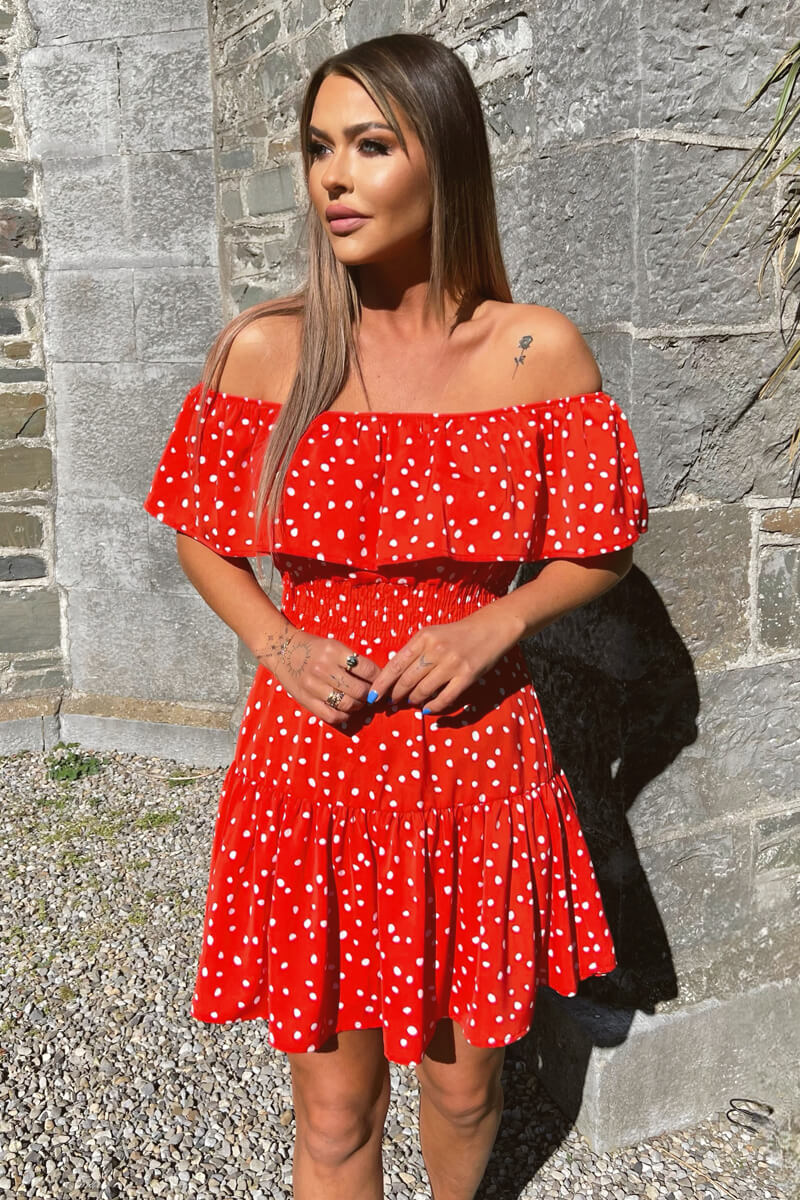 bardot red polka dot dress Alexandra Miro Shoulder Pink Polka Dot Bardot Dress Buy Roman Pink Polka Dot Ruched Sleeve Midi