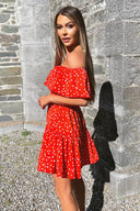 Red And White Polka Dot Bardot Style Mini Dress