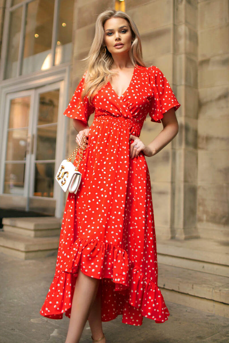 Red And White Polka Dot Printed High Low Midi Dress