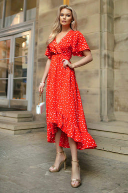 Red And White Polka Dot Printed High Low Midi Dress