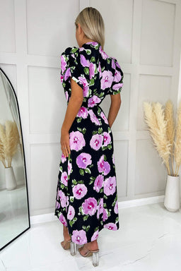 Black Floral Printed Short Puff Sleeve Midi Dress