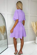 Lilac Wrap Over Belted Skater Dress With Short Sleeves