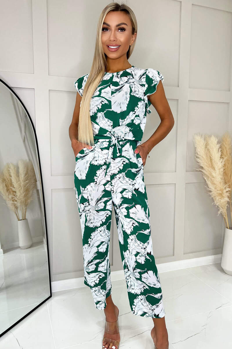 Green And White Floral Frill Sleeve Tie Waist Playsuit