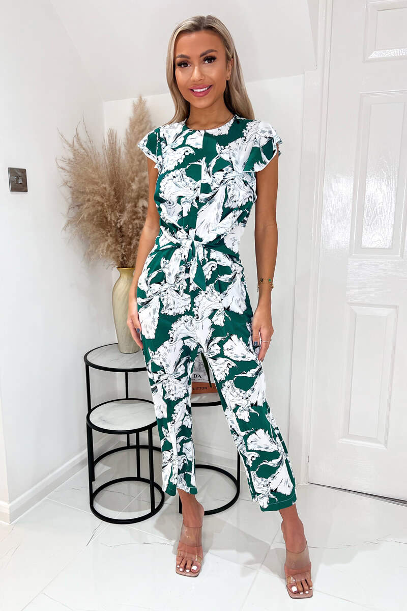 Green And White Floral Frill Sleeve Tie Waist Playsuit
