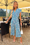 Blue Snake Print V Neck Frill Sleeve Jumpsuit