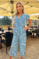 Blue Snake Print V Neck Frill Sleeve Jumpsuit