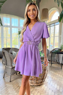 Lilac Wrap Over Belted Skater Dress With Short Sleeves