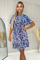 Blue Floral Short Sleeve Tie Waist Frill Hem Mini Dress