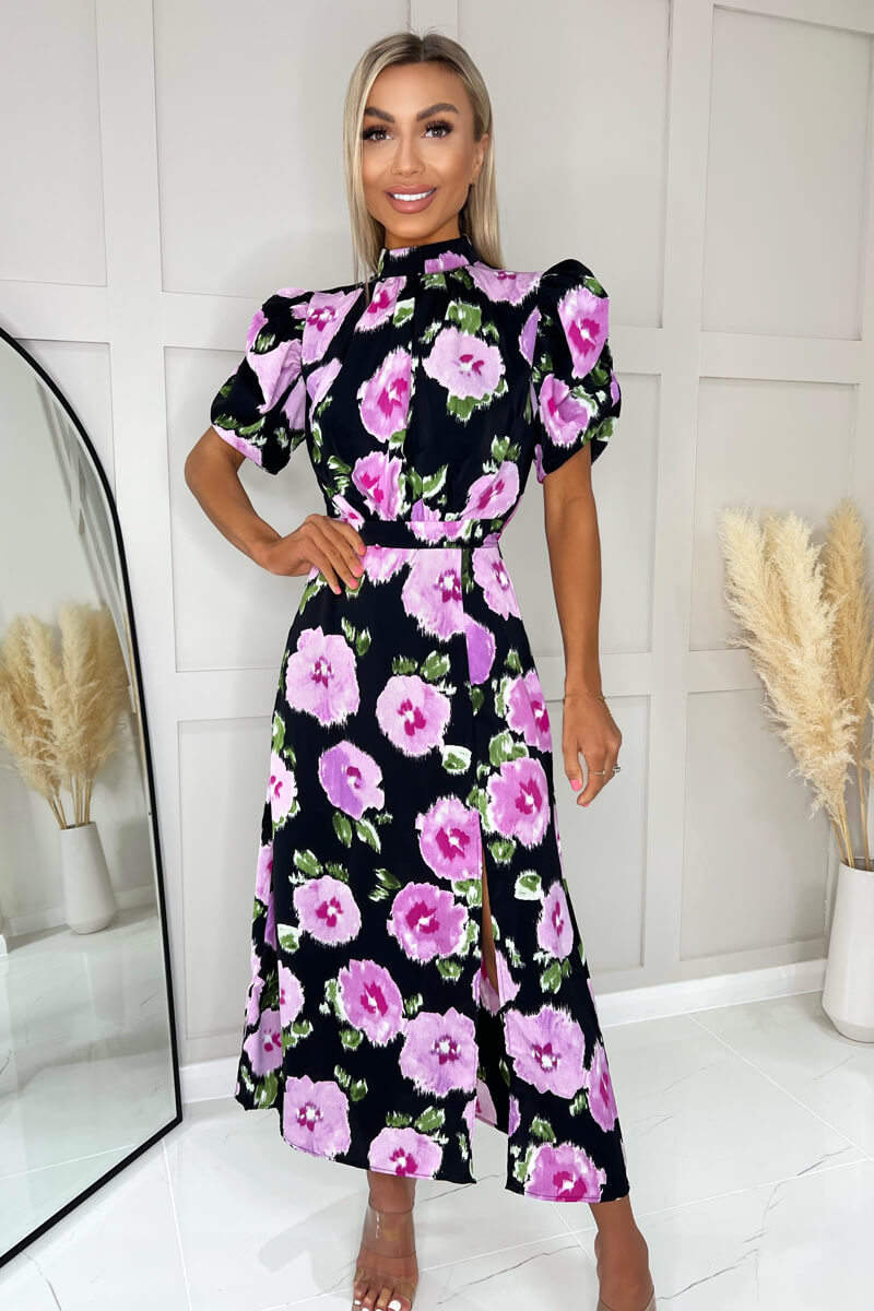 Black Floral Printed Short Puff Sleeve Midi Dress