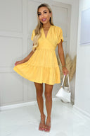 Yellow Short Sleeve Tie Back V Neck Mini Dress