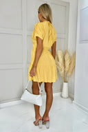 Yellow Short Sleeve Tie Back V Neck Mini Dress