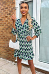 Green and Navy Printed Mini Skater Dress