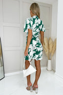 Green And White Floral Printed Short Sleeve Day Dress