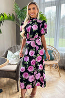 Black Floral Printed Short Puff Sleeve Midi Dress