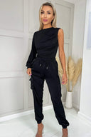 Black Satin Cuffed Cargo Pants