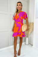 Pink And Orange Floral Printed Short Sleeve Frill Hem Mini Dress