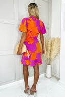 Pink And Orange Floral Printed Short Sleeve Frill Hem Mini Dress