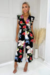 Black Floral Printed Wrap Front Belted Jumpsuit