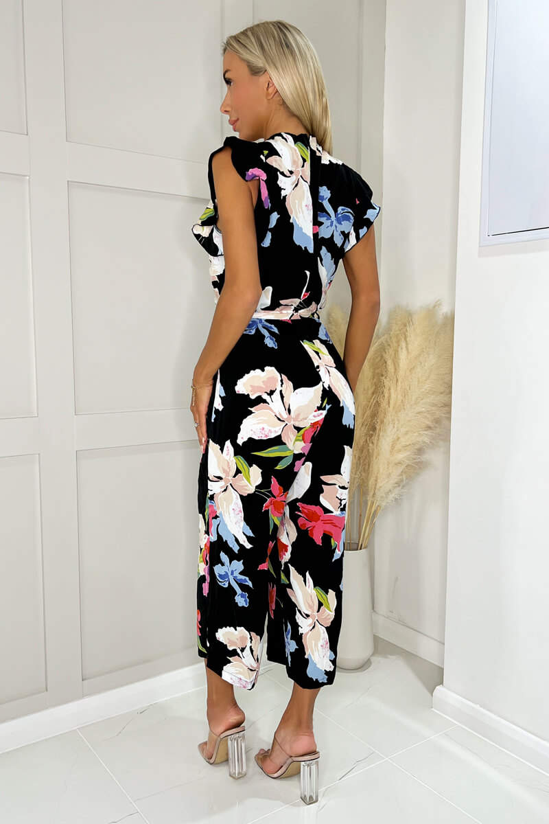 Black Floral Printed Wrap Front Belted Jumpsuit