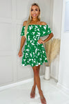 Green And White Printed Bardot Style Mini Dress