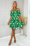 Green And White Printed Bardot Style Mini Dress