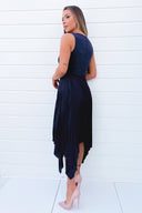 Navy V Neck Pleated Skirt Belted Waist Midi Dress