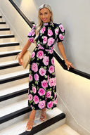 Black Floral Printed Short Puff Sleeve Midi Dress