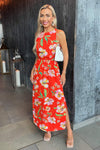 Orange Floral Cut Out Waist Midi Dress