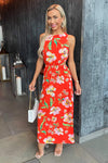 Orange Floral Cut Out Waist Midi Dress