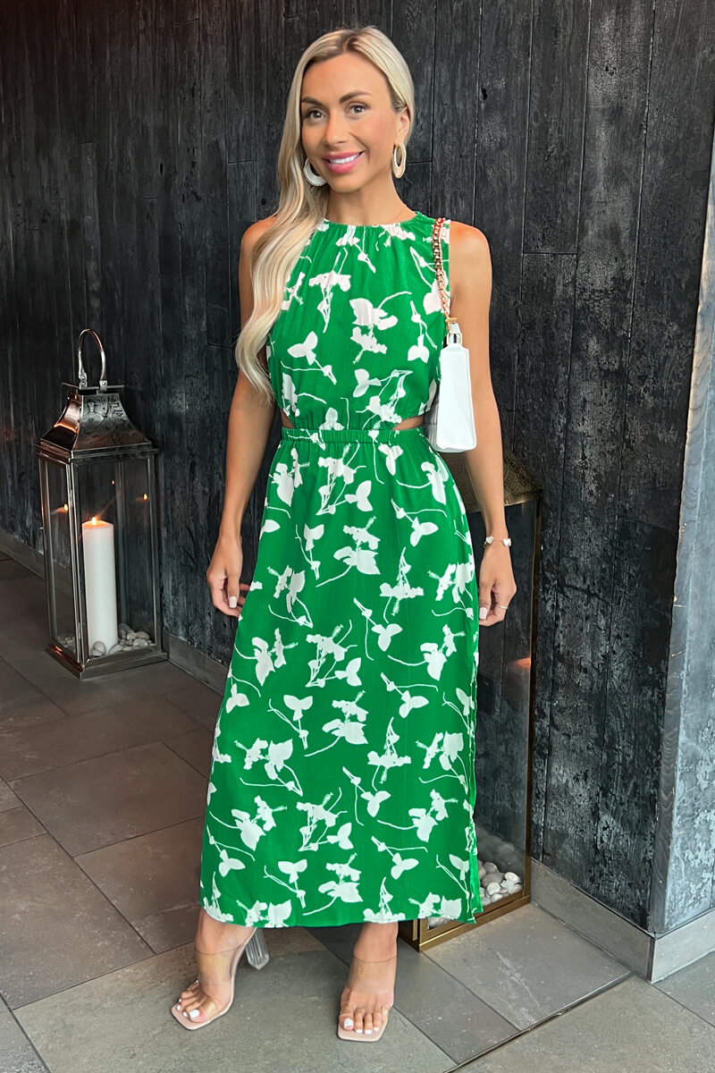 Green And White Floral Printed Cut Out Midi Dress AX Paris US Green And White Floral Printed Cut Out Midi Dress AX Paris US