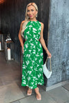 Green And White Floral Printed Cut Out Midi Dress