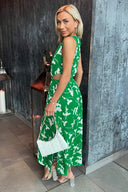 Green And White Floral Printed Cut Out Midi Dress