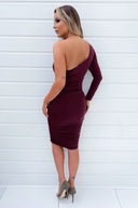 Plum One Sleeve Ruched Bodycon Midi Dress