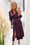 Multi Printed Long Sleeve Wrap Top Midi Dress