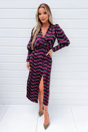 Multi Printed Long Sleeve Wrap Top Midi Dress