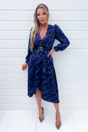 Cobalt And Black Print Long Sleeve Belted Wrap Midi Dress