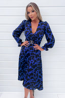 Cobalt And Black Print Long Sleeve Belted Wrap Midi Dress