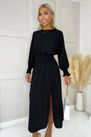 Black Long Sleeve Shirred Detail Midi Dress