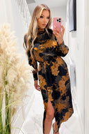 Black Floral Print High Neck Long Sleeve Midi Dress