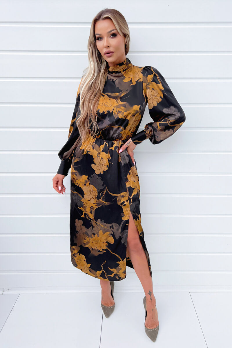 Black Floral Print High Neck Long Sleeve Midi Dress