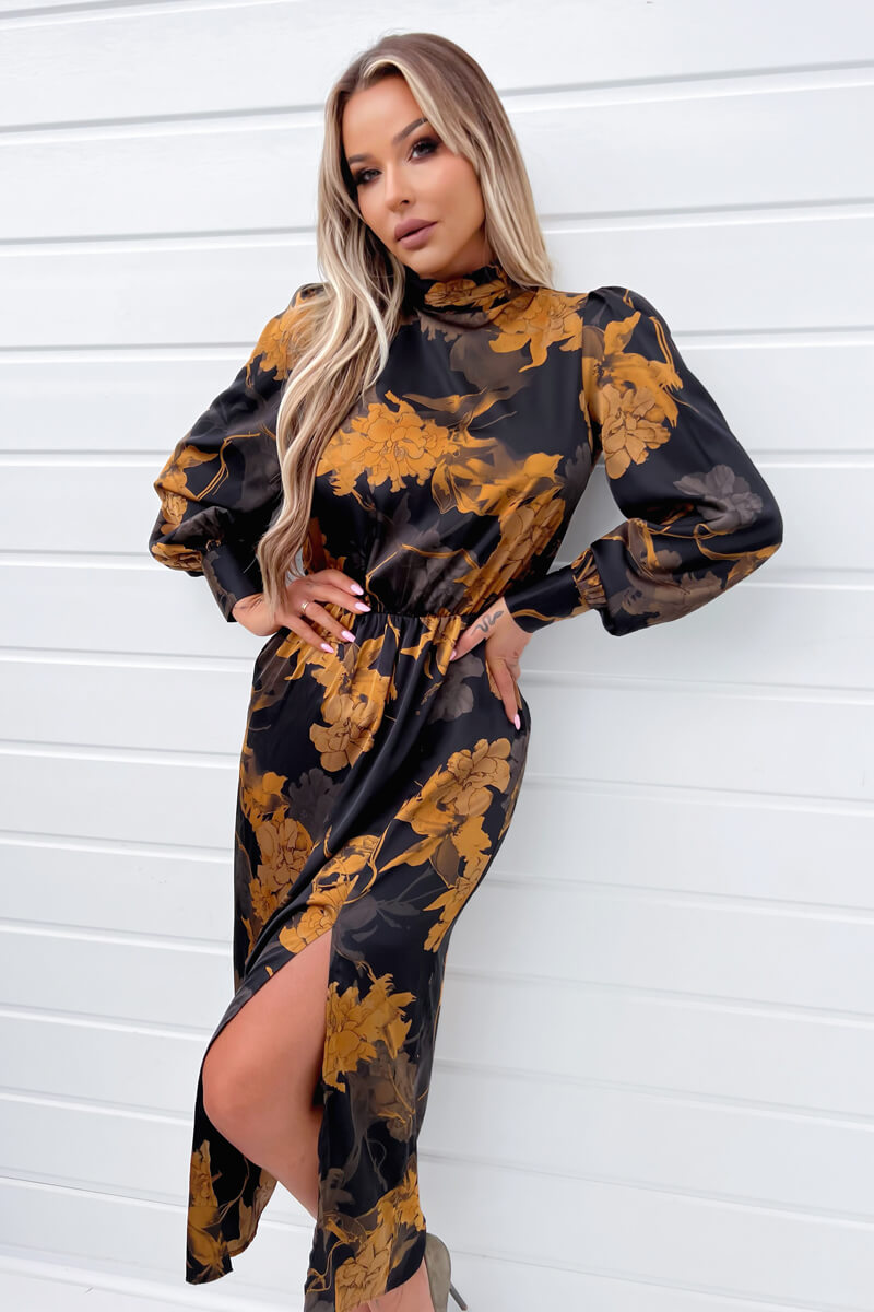 Black Floral Print High Neck Long Sleeve Midi Dress