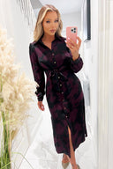 Wine And Black Printed Button Front Tie Shirt Dress