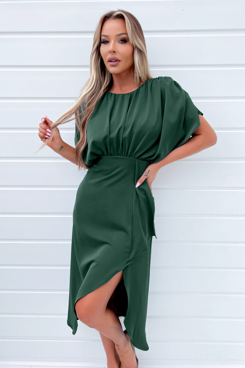 Teal Batwing Gathered Top Midi Dress