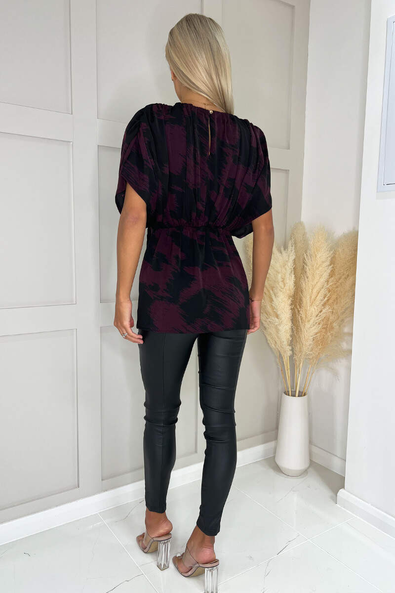 Wine And Black Ruched Shoulder Batwing Top