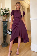 Plum Short Puff Sleeve Gathered Side Midi Dress