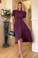 Plum Short Puff Sleeve Gathered Side Midi Dress